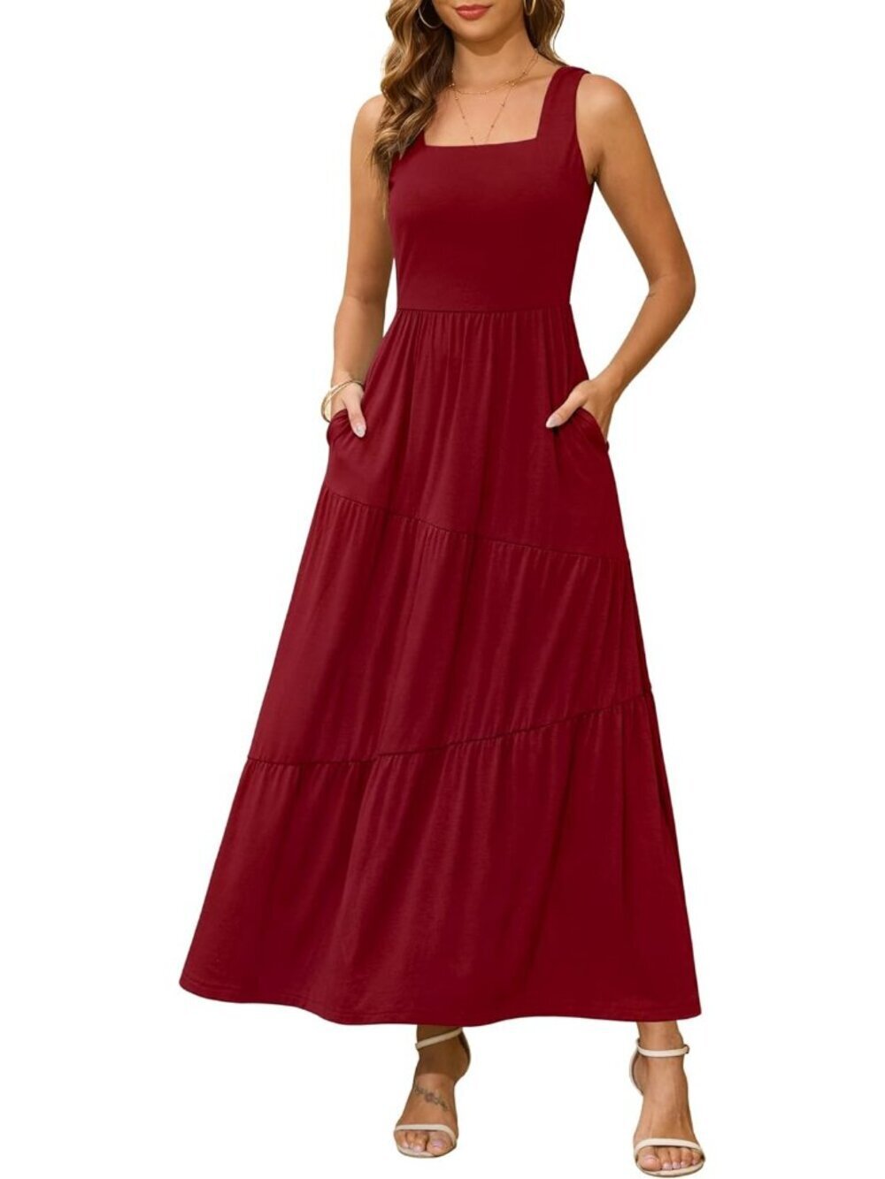 Women's Red Sleeveless Long Beach Sundress Square Neck Tank Tiered Maxi Dress